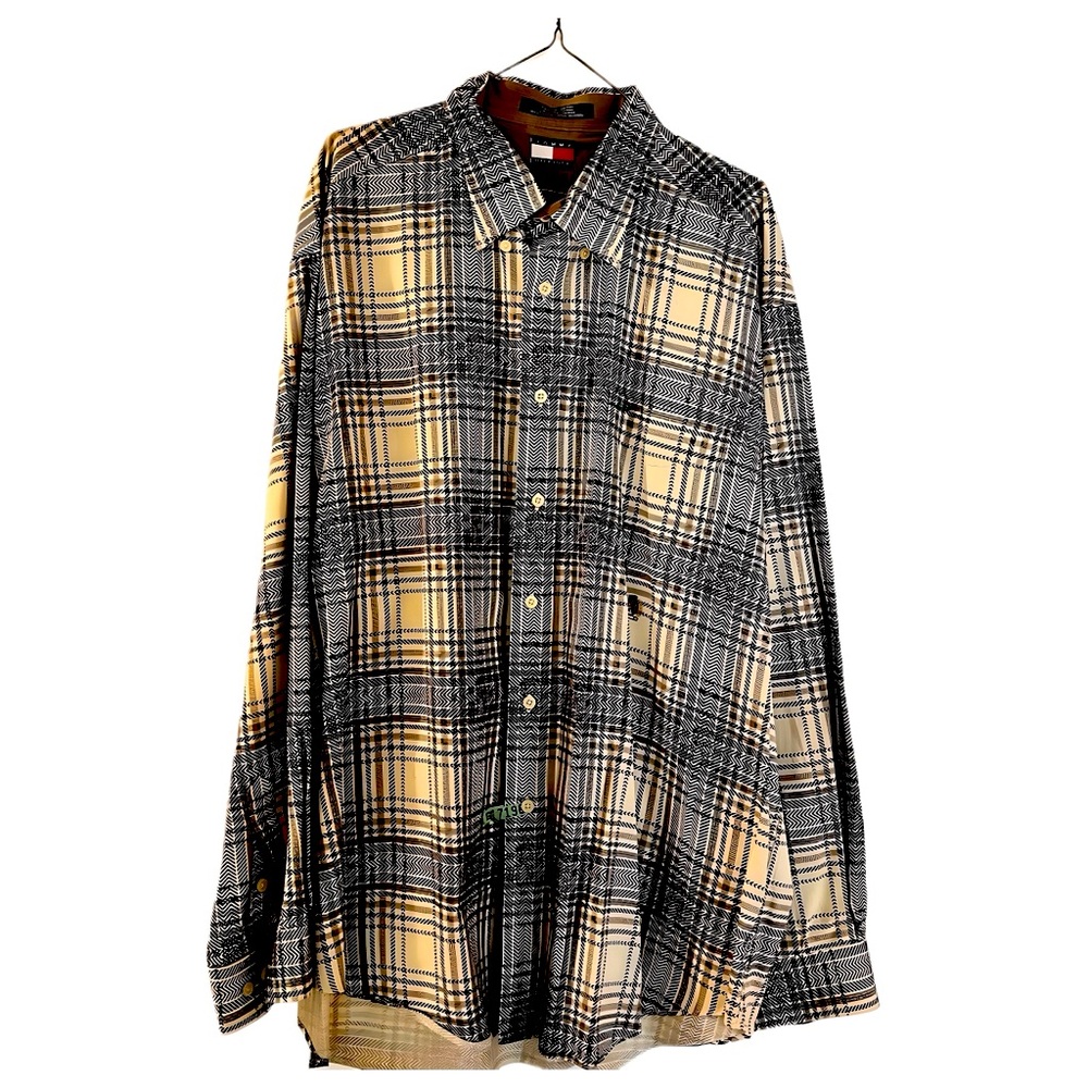 Vintage Men’s Tommy Hilfiger Button Down Long Sleeve Brown Blue Plaid Size XL.